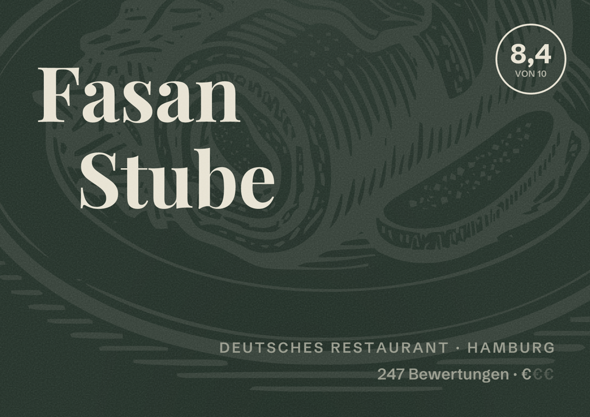 Illustriertes Poster von Fasan Stube, Deutsches Restaurant in Hamburg: Bewertung 8,4 von 10 aus 247 Bewertungen, Preisniveau €