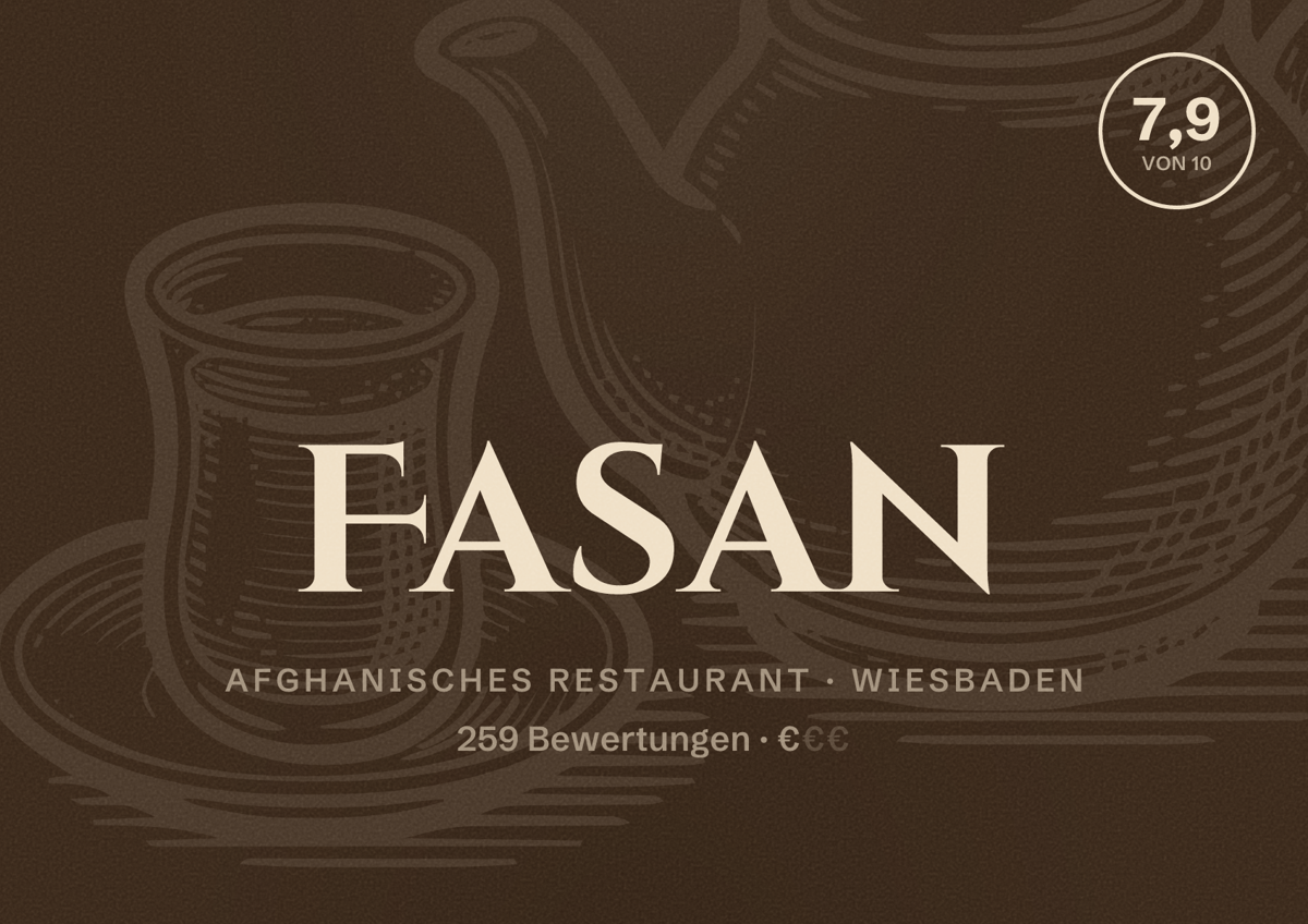 Illustriertes Poster von Fasan, Afghanisches Restaurant in Wiesbaden: Bewertung 7,9 von 10 aus 259 Bewertungen, Preisniveau €