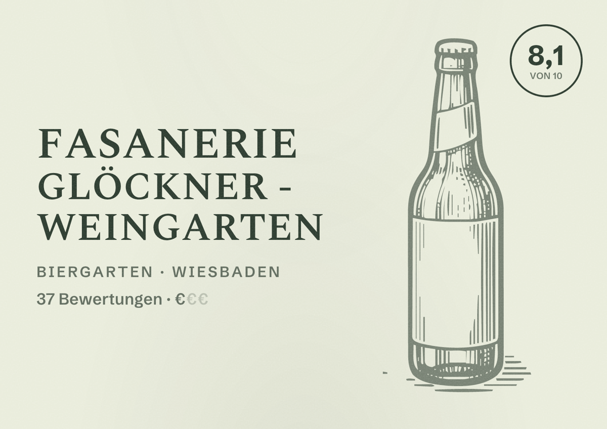 Illustriertes Poster von Fasanerie Glöckner - Weingarten, Biergarten in Wiesbaden: Bewertung 8,1 von 10 aus 37 Bewertungen, Preisniveau €
