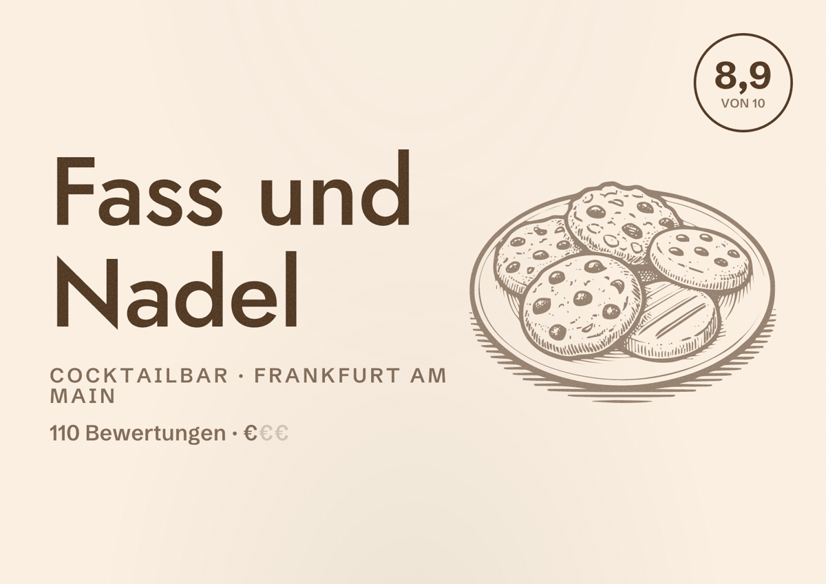 Illustriertes Poster von Fass und Nadel, Cocktailbar in Frankfurt am Main: Bewertung 8,9 von 10 aus 110 Bewertungen, Preisniveau €