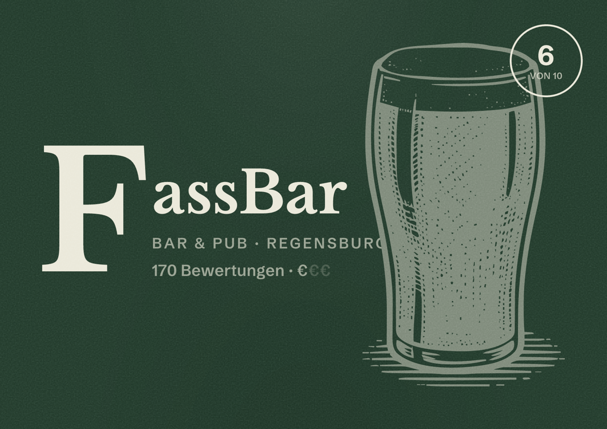 Illustriertes Poster von FassBar, Bar & Pub in Regensburg: Bewertung 6 von 10 aus 170 Bewertungen, Preisniveau €