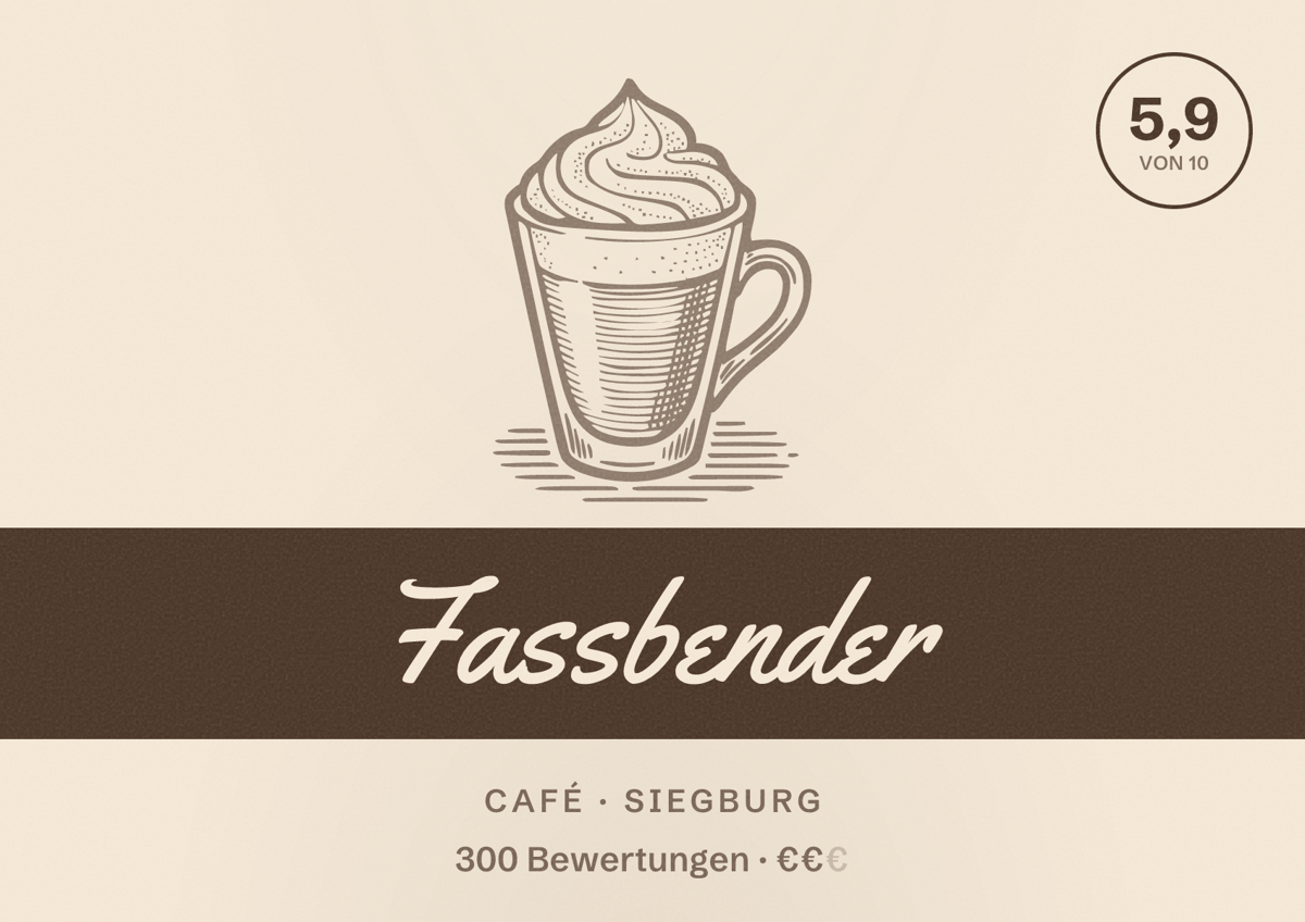 Illustriertes Poster von Fassbender, Café in Siegburg: Bewertung 5,9 von 10 aus 300 Bewertungen, Preisniveau €€