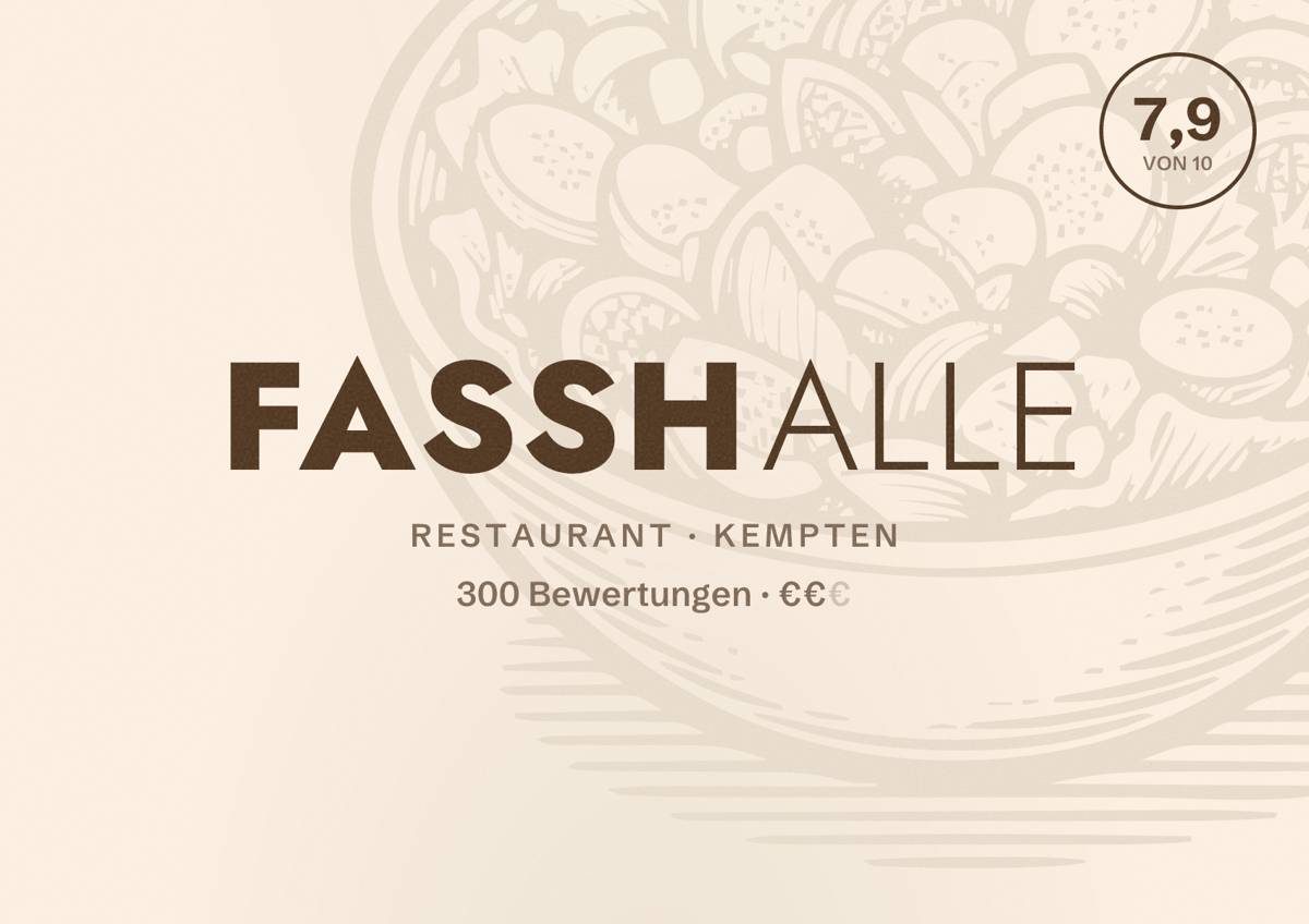 Illustriertes Poster von Fasshalle, Restaurant in Kempten: Bewertung 7,9 von 10 aus 300 Bewertungen, Preisniveau €€