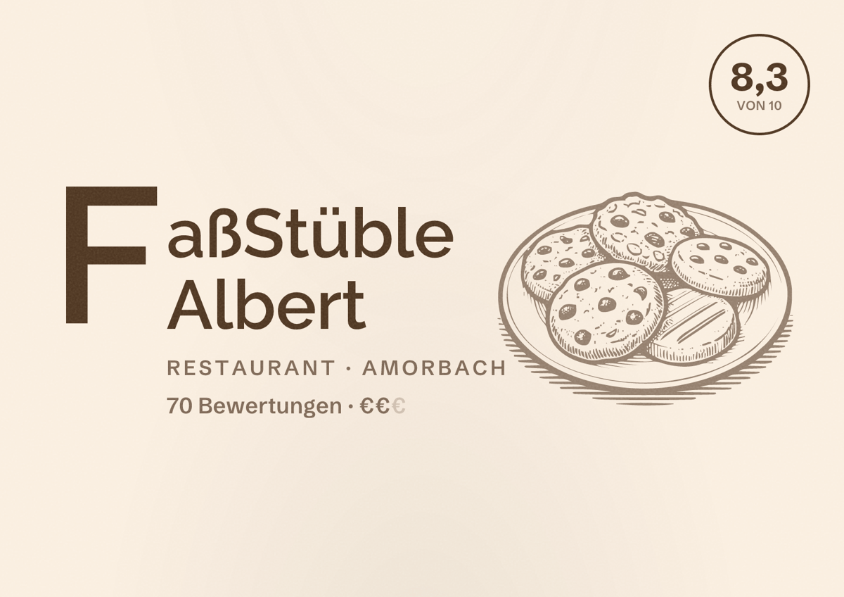 Illustriertes Poster von FaßStüble Albert, Restaurant in Amorbach: Bewertung 8,3 von 10 aus 70 Bewertungen, Preisniveau €€