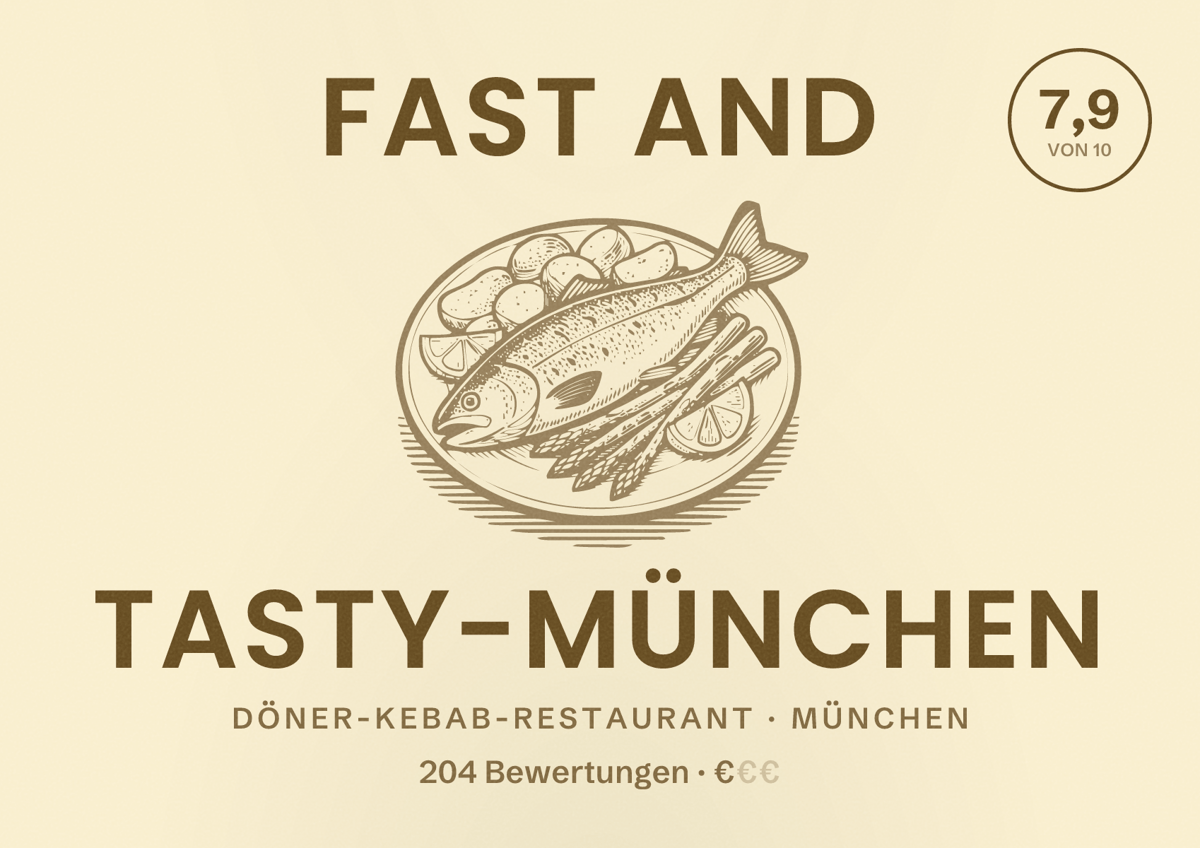 Illustriertes Poster von Fast And Tasty-München, Döner-Kebab-Restaurant in München: Bewertung 7,9 von 10 aus 204 Bewertungen, Preisniveau €