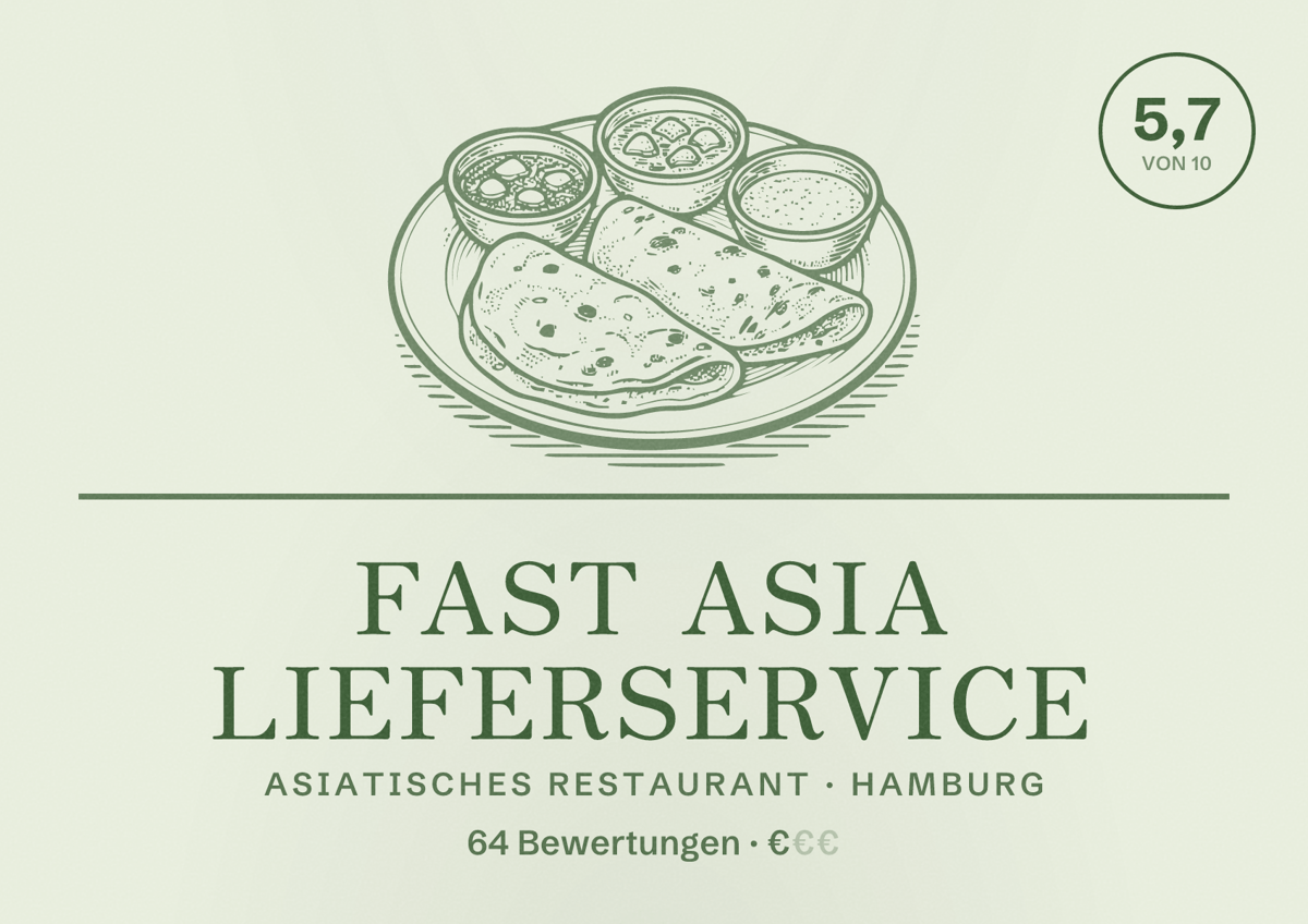Illustriertes Poster von Fast Asia Lieferservice, Asiatisches Restaurant in Hamburg: Bewertung 5,7 von 10 aus 64 Bewertungen, Preisniveau €