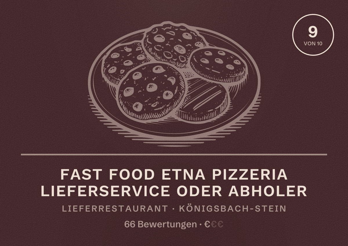 Illustriertes Poster von FAST FOOD ETNA pizzeria Lieferservice oder Abholer, Lieferrestaurant in Königsbach-Stein: Bewertung 9 von 10 aus 66 Bewertungen, Preisniveau €