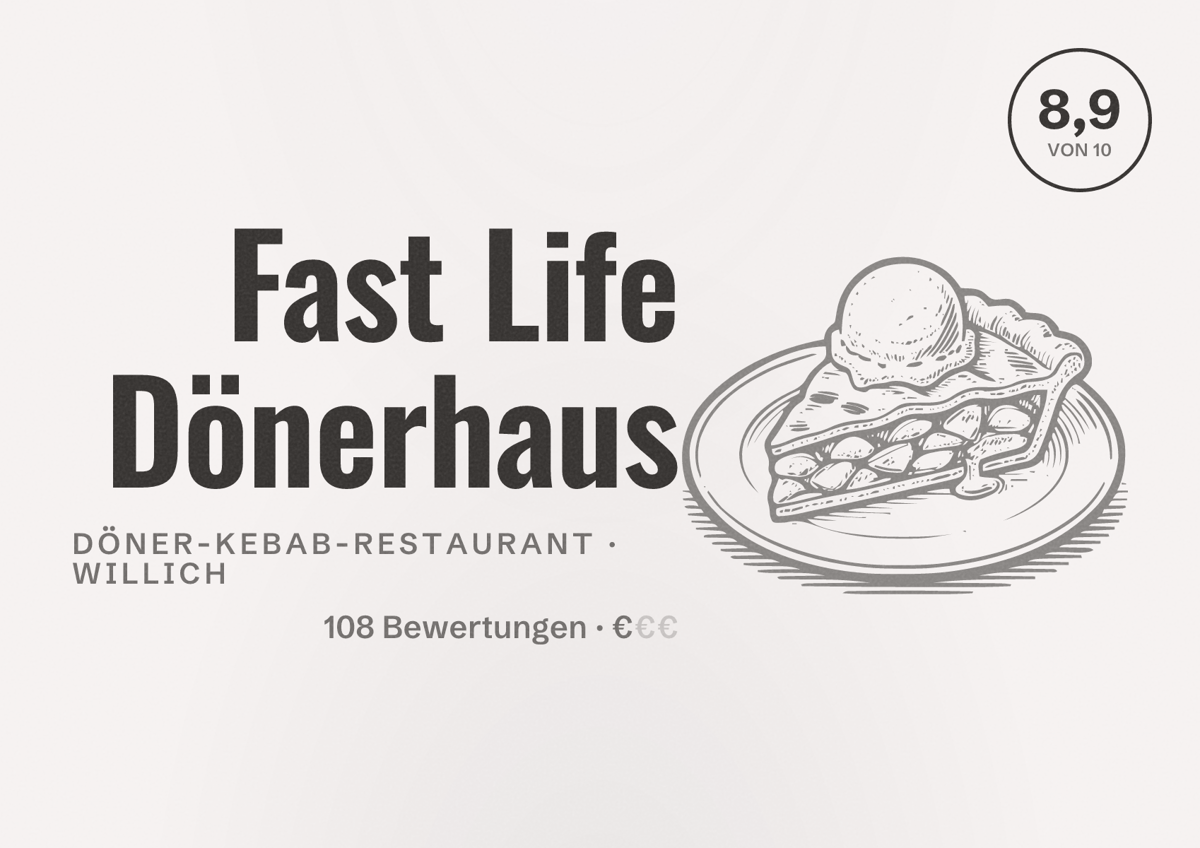 Illustriertes Poster von Fast Life Dönerhaus, Döner-Kebab-Restaurant in Willich: Bewertung 8,9 von 10 aus 108 Bewertungen, Preisniveau €