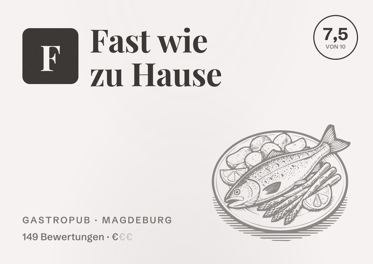 Illustriertes Poster von Fast wie zu Hause, Gastropub in Magdeburg: Bewertung 7,5 von 10 aus 149 Bewertungen, Preisniveau €