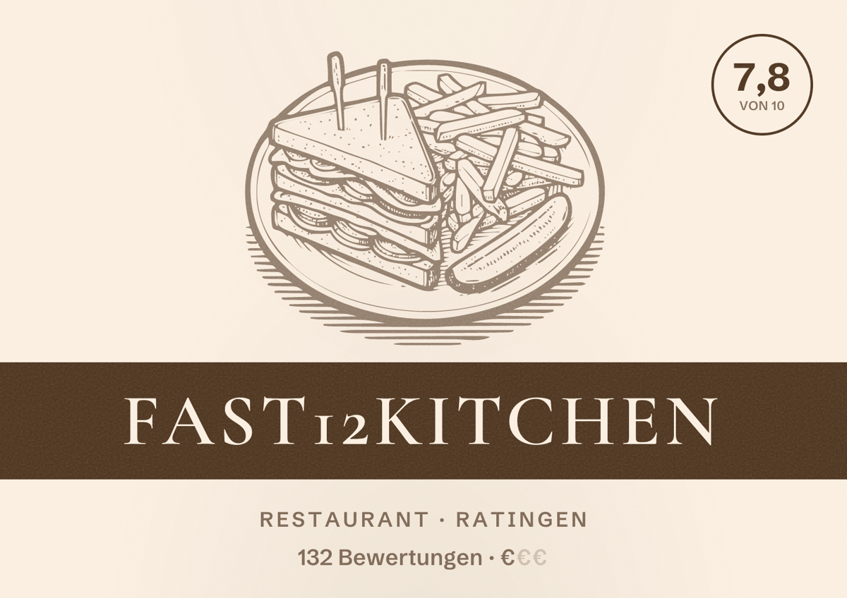 Illustriertes Poster von Fast12Kitchen, Restaurant in Ratingen: Bewertung 7,8 von 10 aus 132 Bewertungen, Preisniveau €