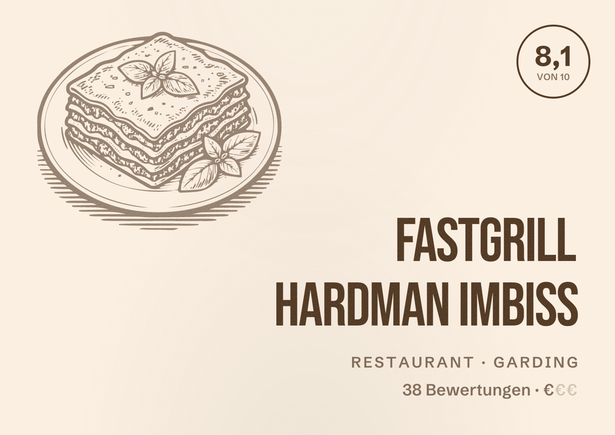 Illustriertes Poster von FastGrill HardmaN Imbiss, Restaurant in Garding: Bewertung 8,1 von 10 aus 38 Bewertungen, Preisniveau €