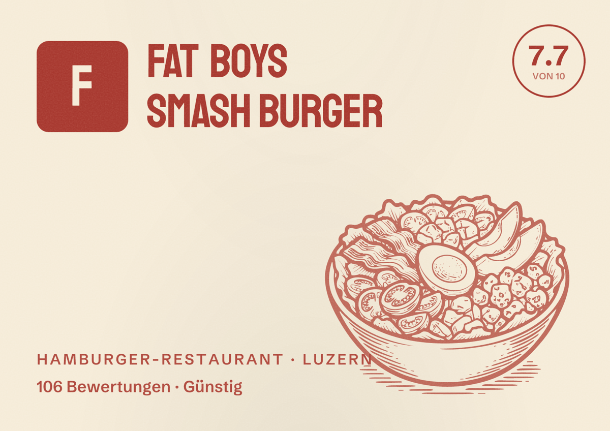 Illustriertes Poster von Fat Boys Smash Burger, Hamburger-Restaurant in Luzern: Bewertung 7.7 von 10 aus 106 Bewertungen, Preisniveau Günstig