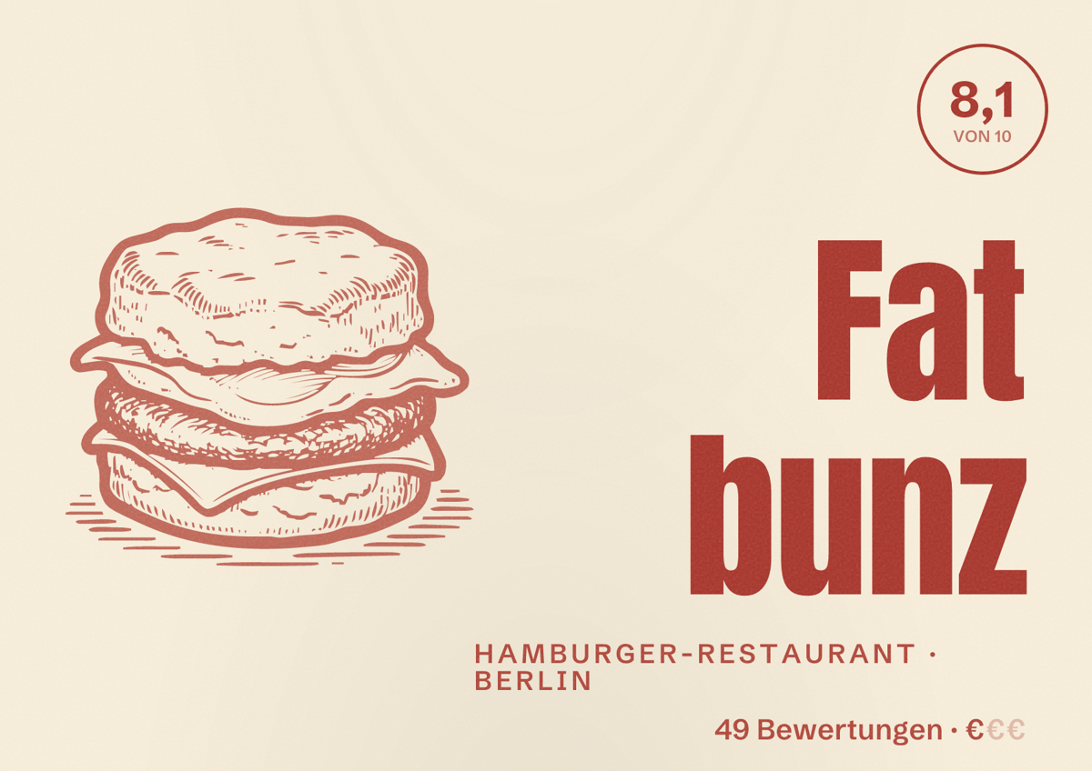 Illustriertes Poster von Fat bunz, Hamburger-Restaurant in Berlin: Bewertung 8,1 von 10 aus 49 Bewertungen, Preisniveau €
