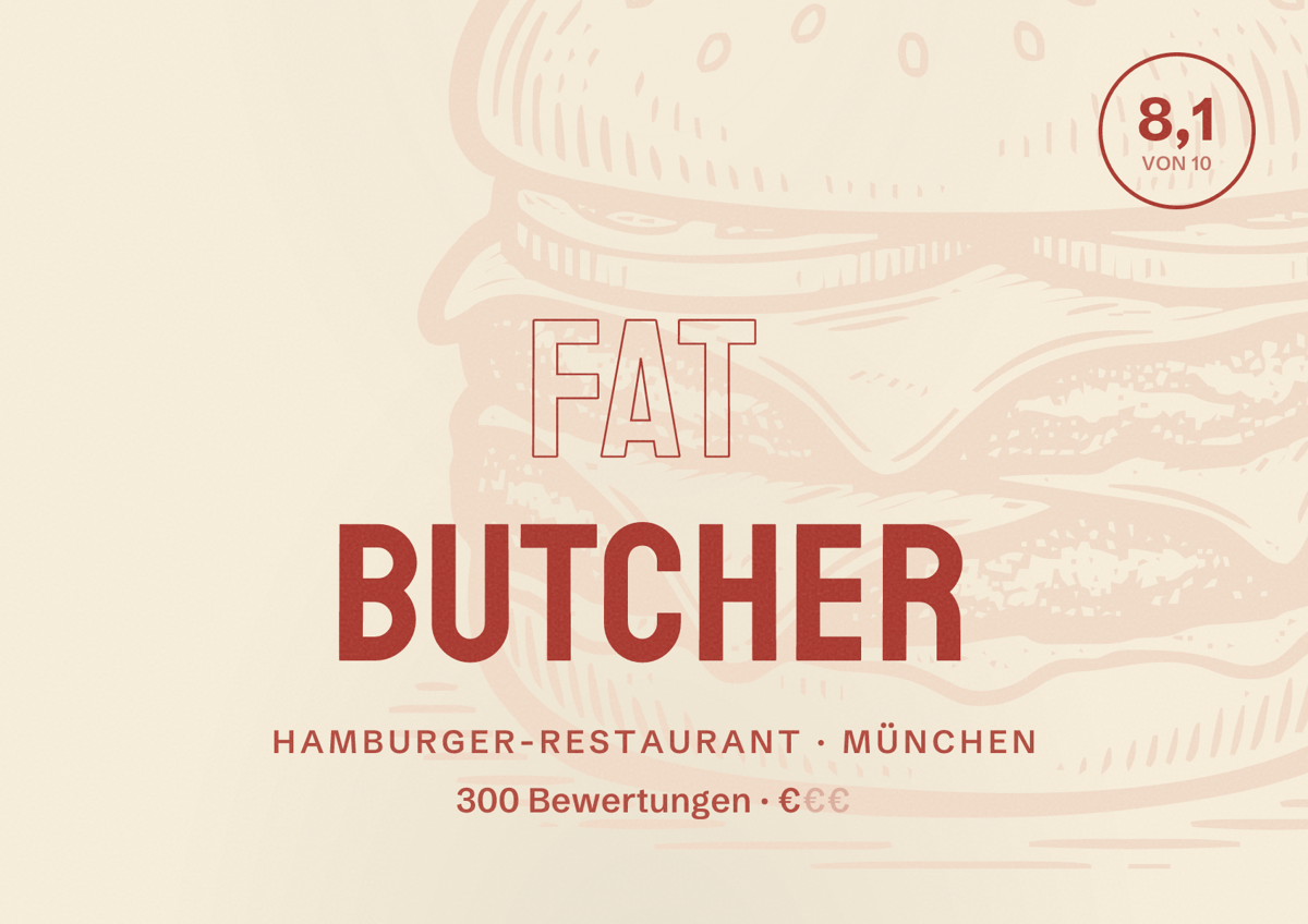 Illustriertes Poster von Fat Butcher, Hamburger-Restaurant in München: Bewertung 8,1 von 10 aus 300 Bewertungen, Preisniveau €