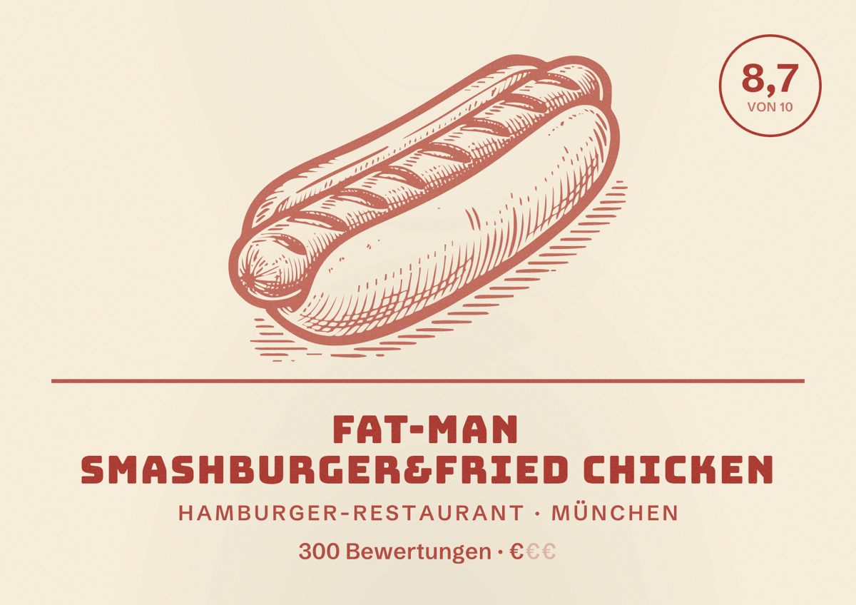 Illustriertes Poster von FAT-MAN Smashburger&Fried Chicken, Hamburger-Restaurant in München: Bewertung 8,7 von 10 aus 300 Bewertungen, Preisniveau €