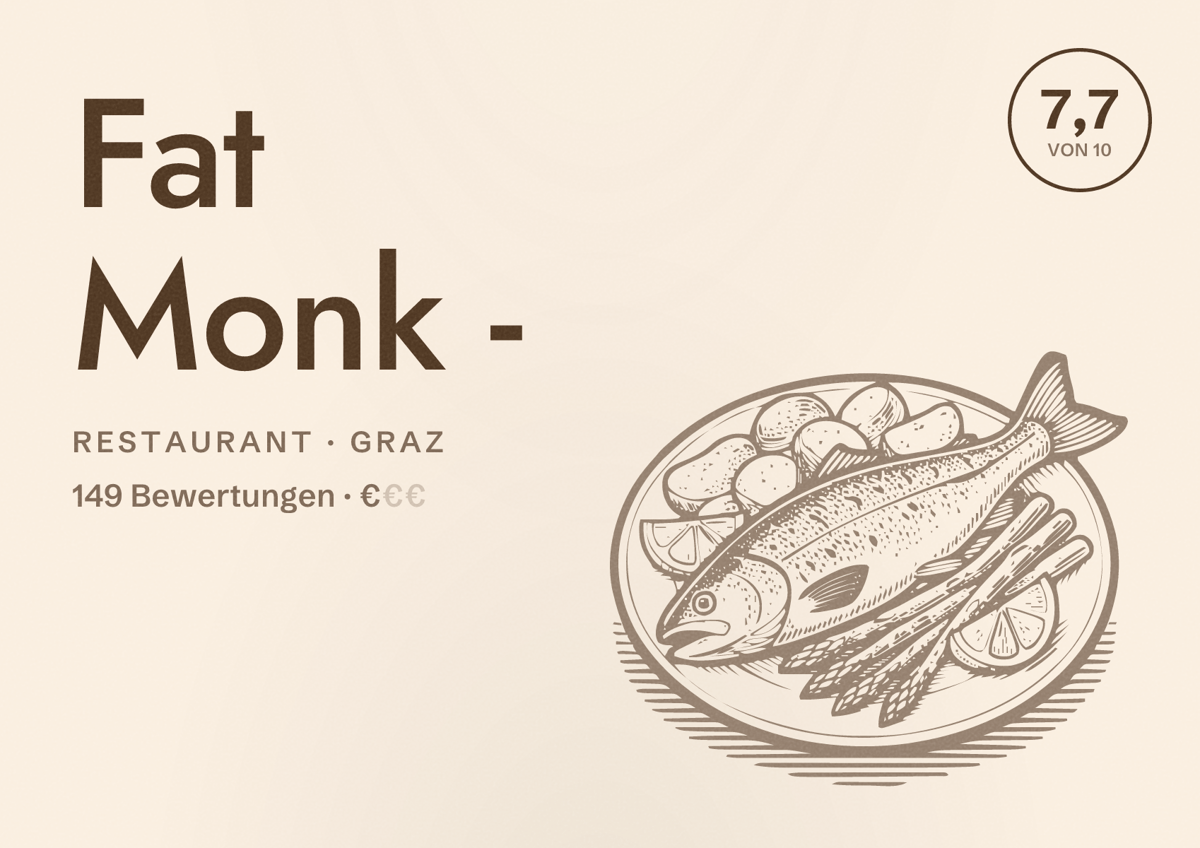 Illustriertes Poster von Fat Monk -, Restaurant in Graz: Bewertung 7,7 von 10 aus 149 Bewertungen, Preisniveau €