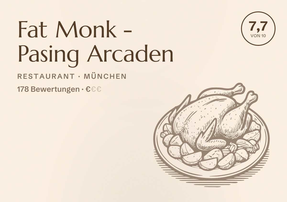 Illustriertes Poster von Fat Monk - Pasing Arcaden, Restaurant in München: Bewertung 7,7 von 10 aus 178 Bewertungen, Preisniveau €
