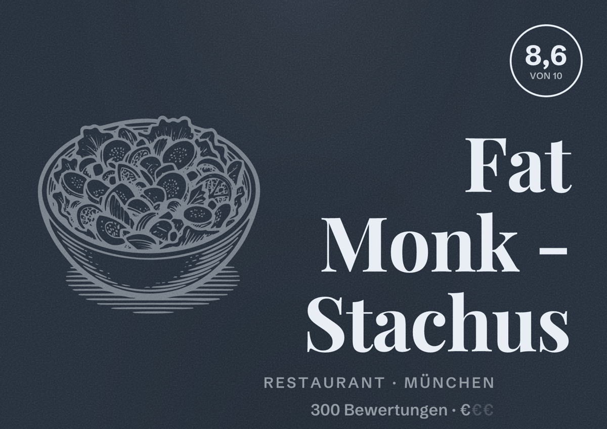 Illustriertes Poster von Fat Monk - Stachus, Restaurant in München: Bewertung 8,6 von 10 aus 300 Bewertungen, Preisniveau €
