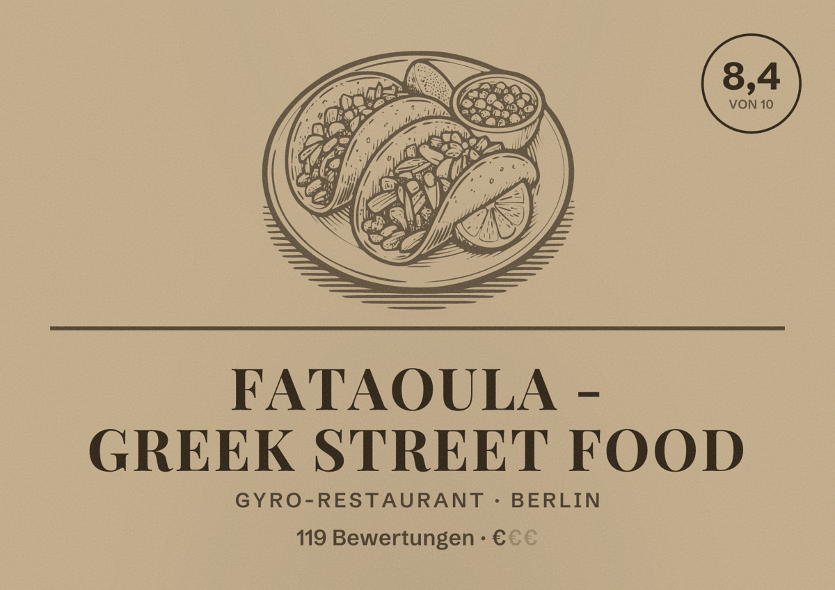 Illustriertes Poster von fataoula - Greek street food, Gyro-Restaurant in Berlin: Bewertung 8,4 von 10 aus 119 Bewertungen, Preisniveau €