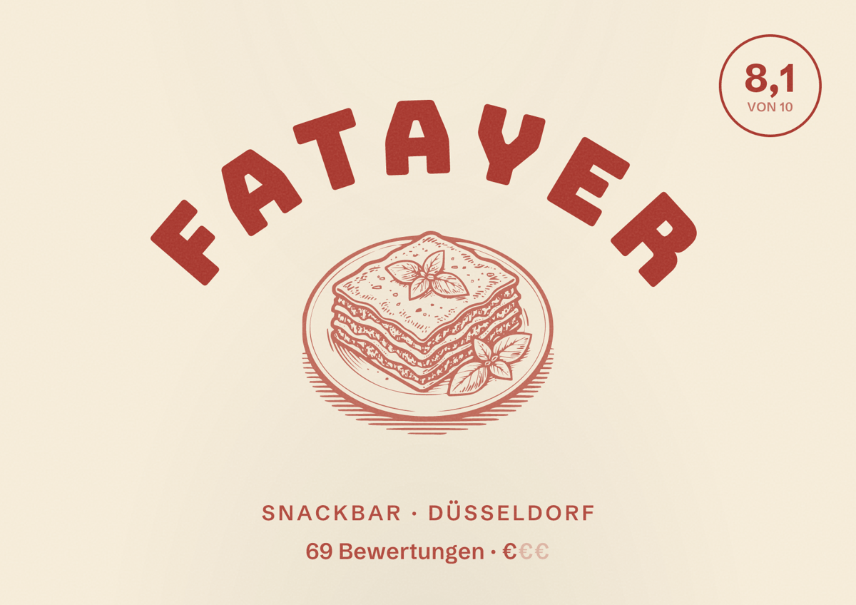 Illustriertes Poster von Fatayer, Snackbar in Düsseldorf: Bewertung 8,1 von 10 aus 69 Bewertungen, Preisniveau €