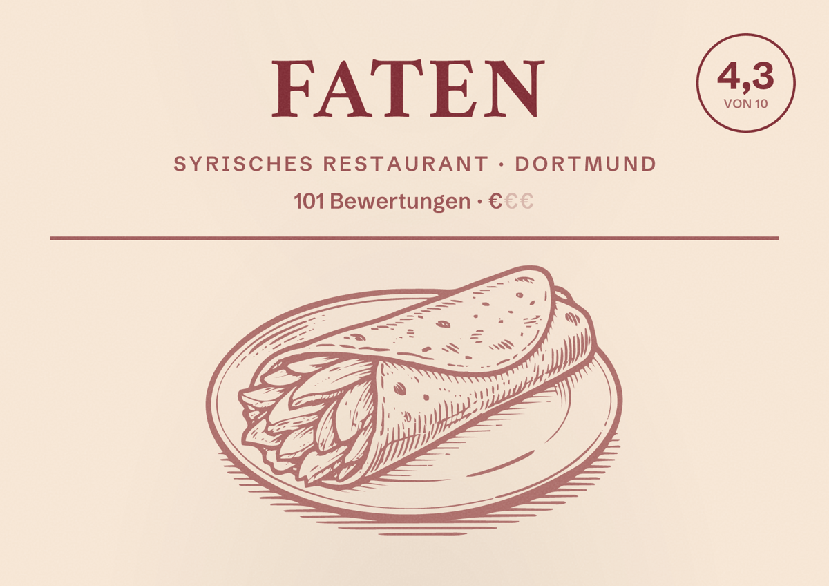 Illustriertes Poster von Faten, Syrisches Restaurant in Dortmund: Bewertung 4,3 von 10 aus 101 Bewertungen, Preisniveau €
