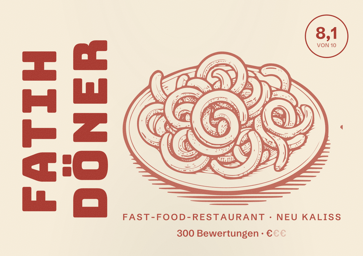 Illustriertes Poster von FATIH DÖNER, Fast-Food-Restaurant in Neu Kaliß: Bewertung 8,1 von 10 aus 300 Bewertungen, Preisniveau €