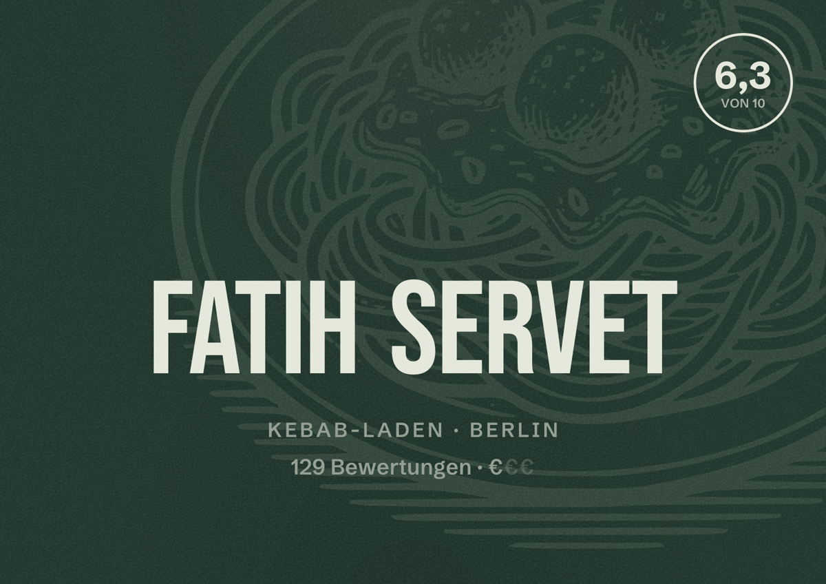 Illustriertes Poster von Fatih Servet, Kebab-Laden in Berlin: Bewertung 6,3 von 10 aus 129 Bewertungen, Preisniveau €