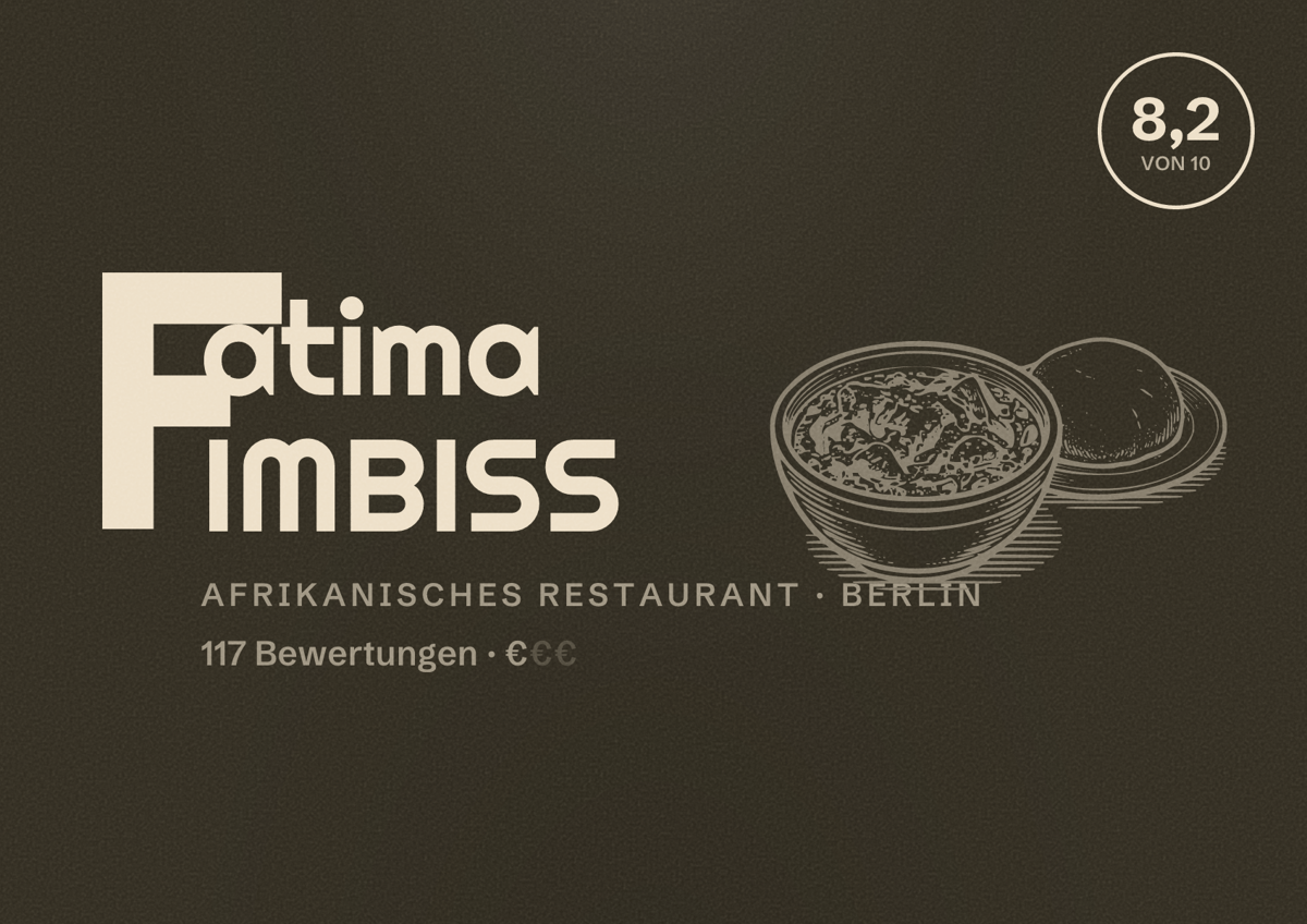 Illustriertes Poster von Fatima IMBISS, Afrikanisches Restaurant in Berlin: Bewertung 8,2 von 10 aus 117 Bewertungen, Preisniveau €