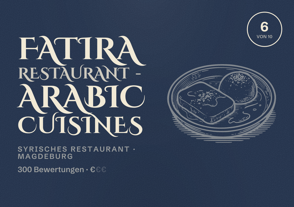 Illustriertes Poster von Fatira restaurant - Arabic cuisines, Syrisches Restaurant in Magdeburg: Bewertung 6,0 von 10 aus 300 Bewertungen, Preisniveau €