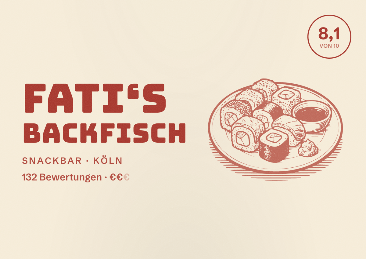 Illustriertes Poster von Fati‘s Backfisch, Snackbar in Köln: Bewertung 8,1 von 10 aus 132 Bewertungen, Preisniveau €€