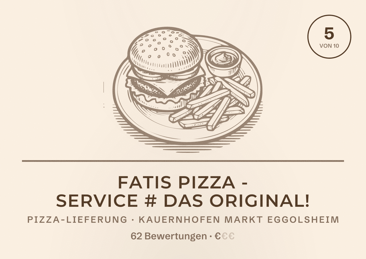 Illustriertes Poster von Fatis Pizza - Service # das Original!, Pizza-Lieferung in Kauernhofen Markt Eggolsheim: Bewertung 5 von 10 aus 62 Bewertungen, Preisniveau €