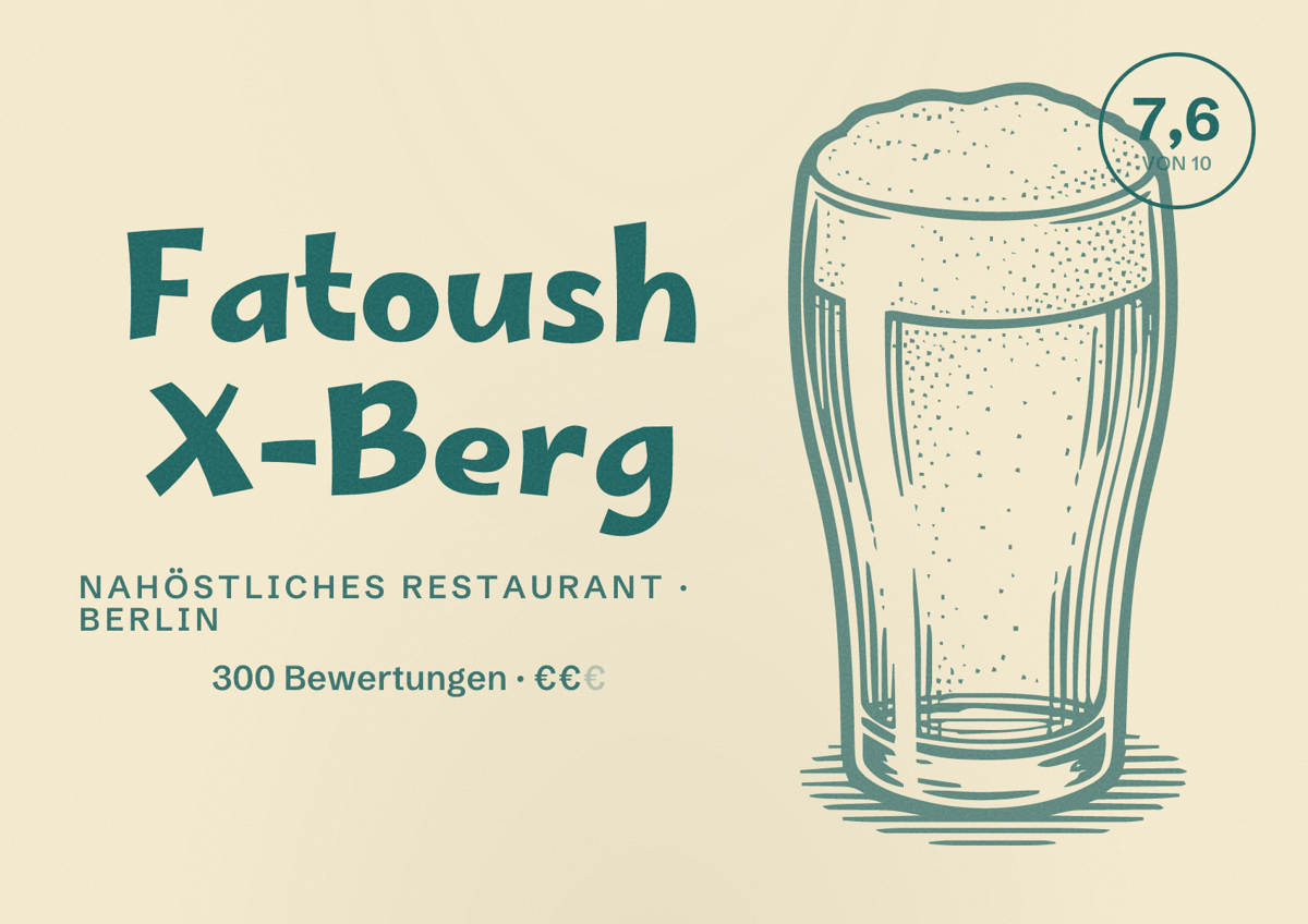 Illustriertes Poster von Fatoush X-Berg, Nahöstliches Restaurant in Berlin: Bewertung 7,6 von 10 aus 300 Bewertungen, Preisniveau €€
