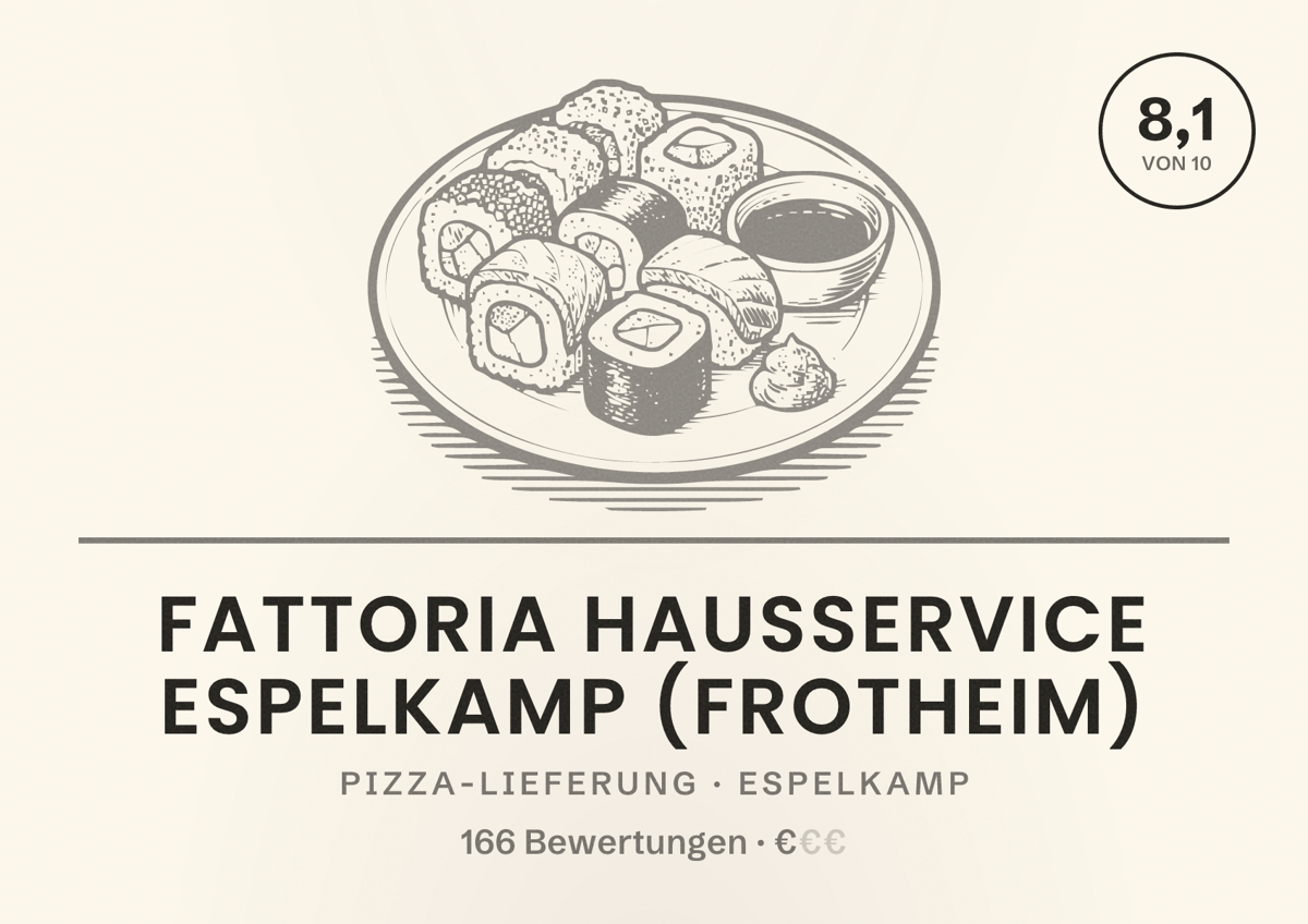 Illustriertes Poster von Fattoria Hausservice Espelkamp (Frotheim), Pizza-Lieferung in Espelkamp: Bewertung 8,1 von 10 aus 166 Bewertungen, Preisniveau €