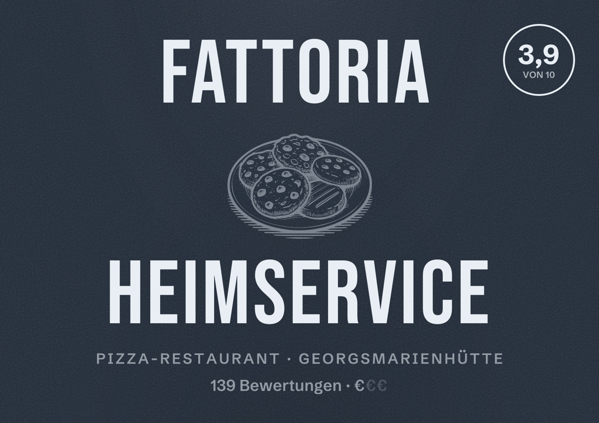 Illustriertes Poster von Fattoria Heimservice, Pizza-Restaurant in Georgsmarienhütte: Bewertung 3,9 von 10 aus 139 Bewertungen, Preisniveau €