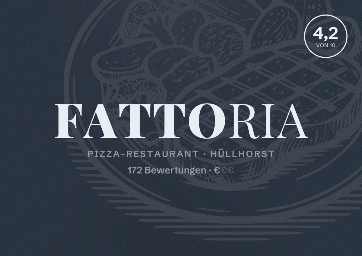 Illustriertes Poster von Fattoria, Pizza-Restaurant in Hüllhorst: Bewertung 4,2 von 10 aus 172 Bewertungen, Preisniveau €