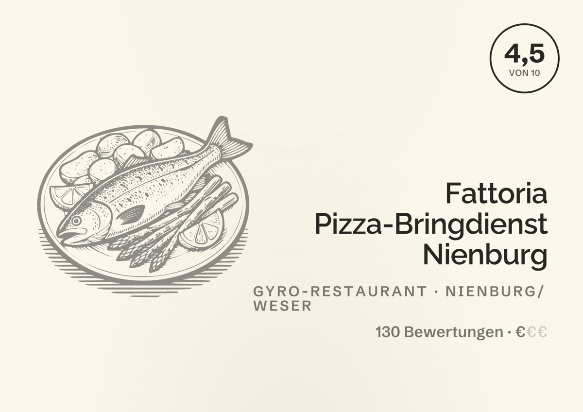 Illustriertes Poster von Fattoria Pizza-Bringdienst Nienburg, Gyro-Restaurant in Nienburg/Weser: Bewertung 4,5 von 10 aus 130 Bewertungen, Preisniveau €