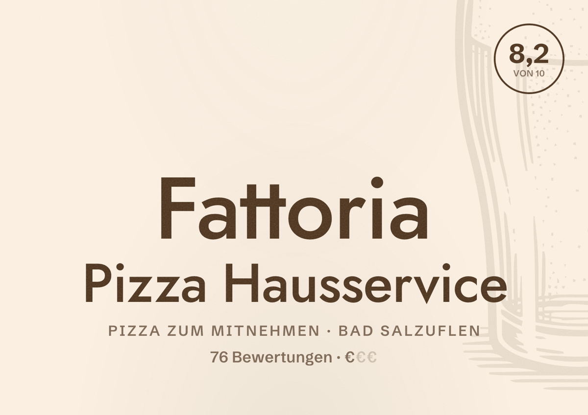 Illustriertes Poster von Fattoria Pizza Hausservice, Pizza zum Mitnehmen in Bad Salzuflen: Bewertung 8,2 von 10 aus 76 Bewertungen, Preisniveau €