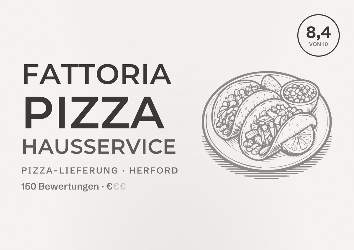 Illustriertes Poster von Fattoria Pizza Hausservice, Pizza-Lieferung in Herford: Bewertung 8,4 von 10 aus 150 Bewertungen, Preisniveau €