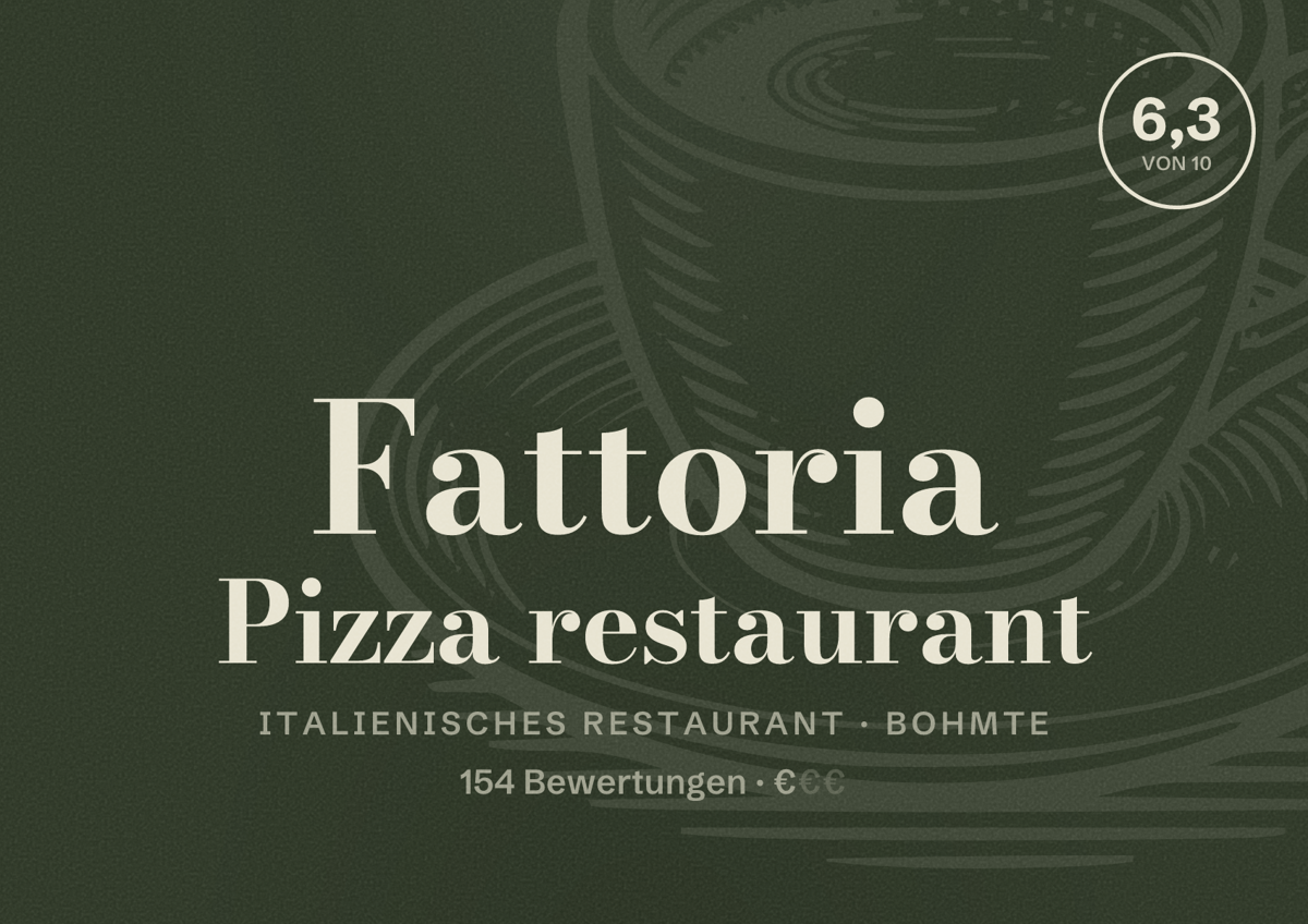 Illustriertes Poster von Fattoria Pizza restaurant, Italienisches Restaurant in Bohmte: Bewertung 6,3 von 10 aus 154 Bewertungen, Preisniveau €