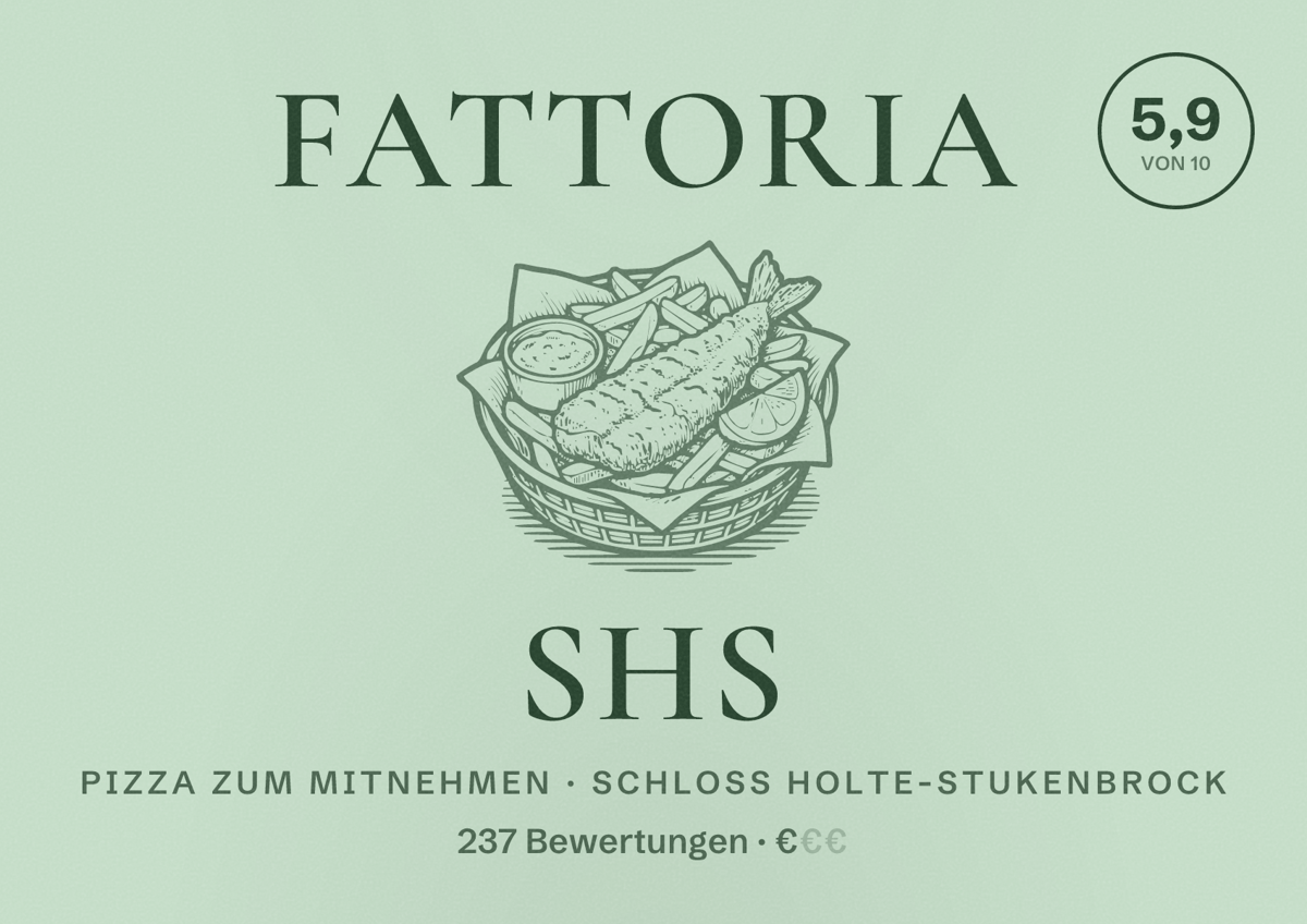 Illustriertes Poster von Fattoria SHS, Pizza zum Mitnehmen in Schloß Holte-Stukenbrock: Bewertung 5,9 von 10 aus 237 Bewertungen, Preisniveau €