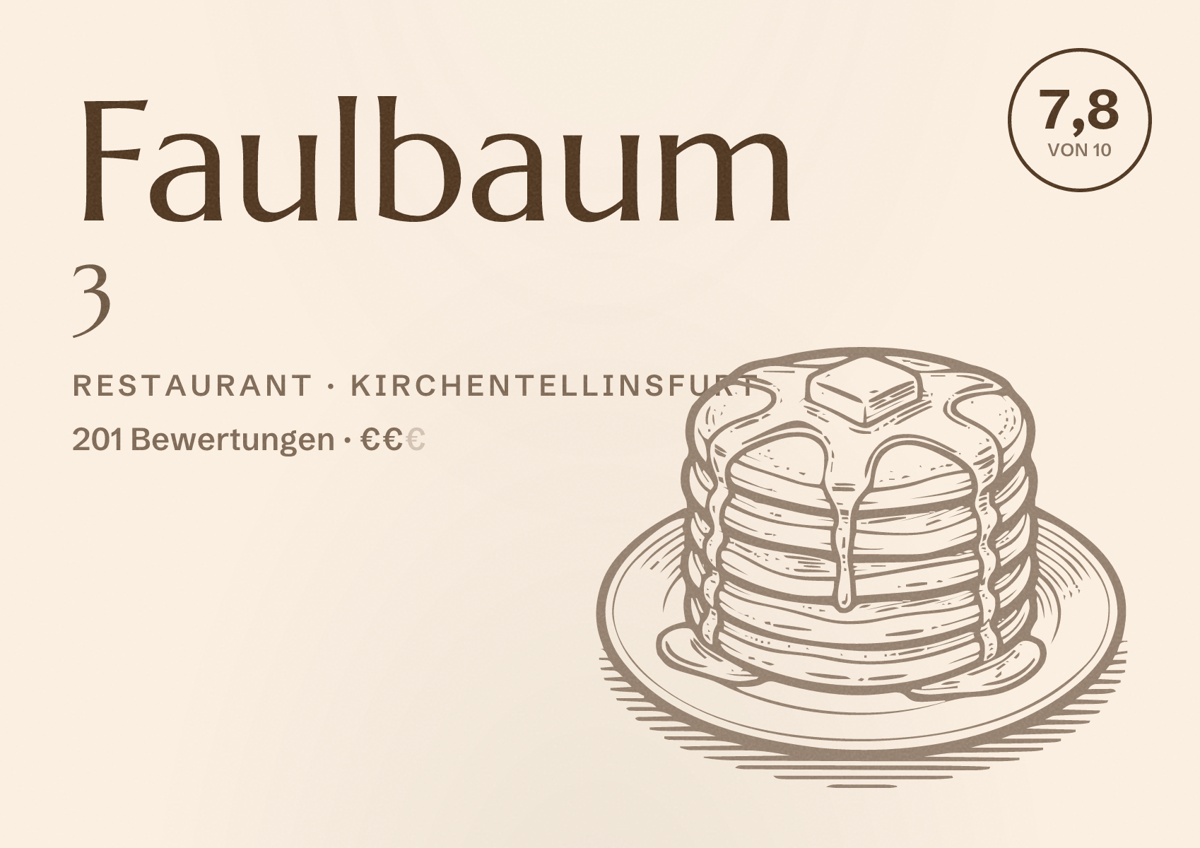 Illustriertes Poster von Faulbaum 3, Restaurant in Kirchentellinsfurt: Bewertung 7,8 von 10 aus 201 Bewertungen, Preisniveau €€