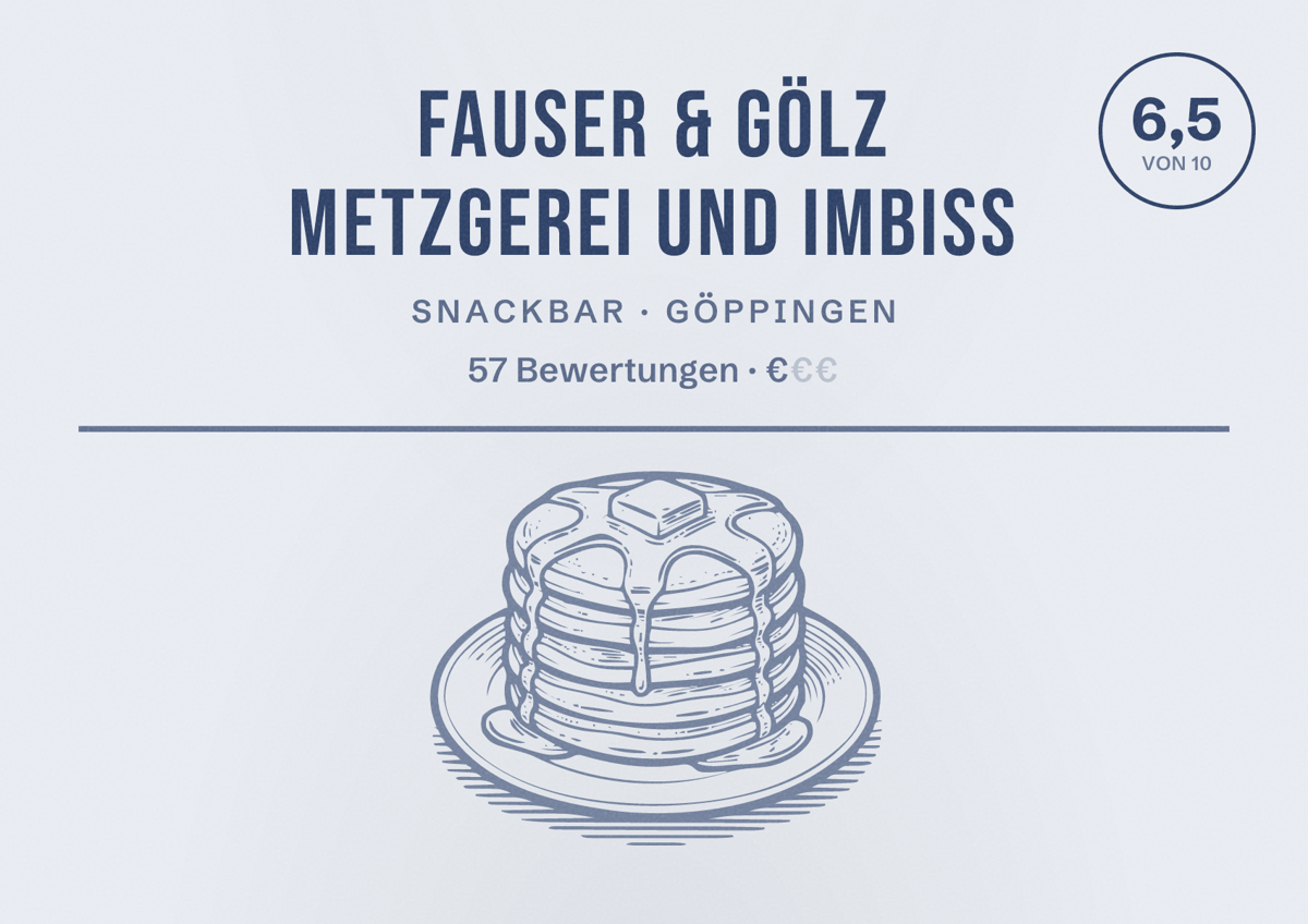 Illustriertes Poster von Fauser & Gölz Metzgerei und Imbiss, Snackbar in Göppingen: Bewertung 6,5 von 10 aus 57 Bewertungen, Preisniveau €