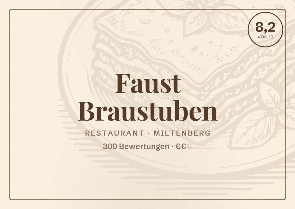 Illustriertes Poster von Faust Braustuben, Restaurant in Miltenberg: Bewertung 8,2 von 10 aus 300 Bewertungen, Preisniveau €€
