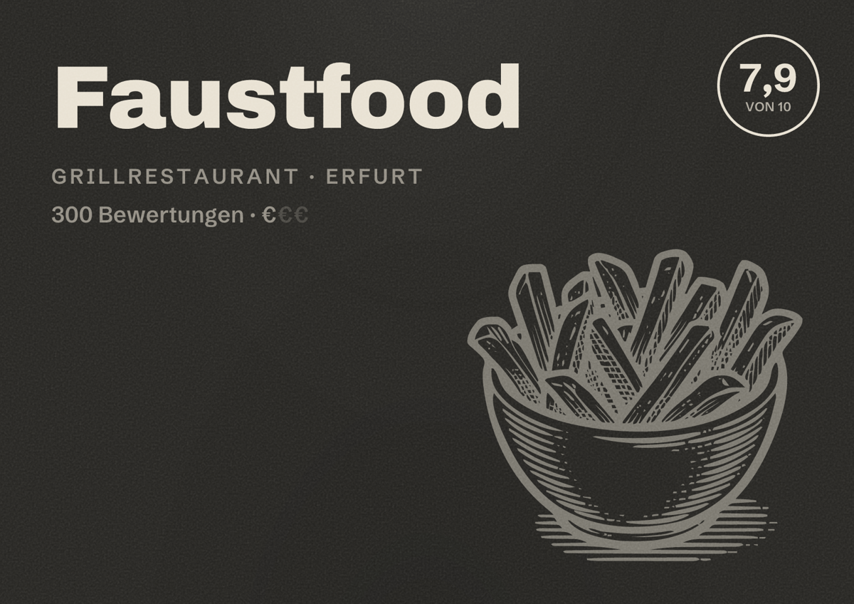 Illustriertes Poster von Faustfood, Grillrestaurant in Erfurt: Bewertung 7,9 von 10 aus 300 Bewertungen, Preisniveau €
