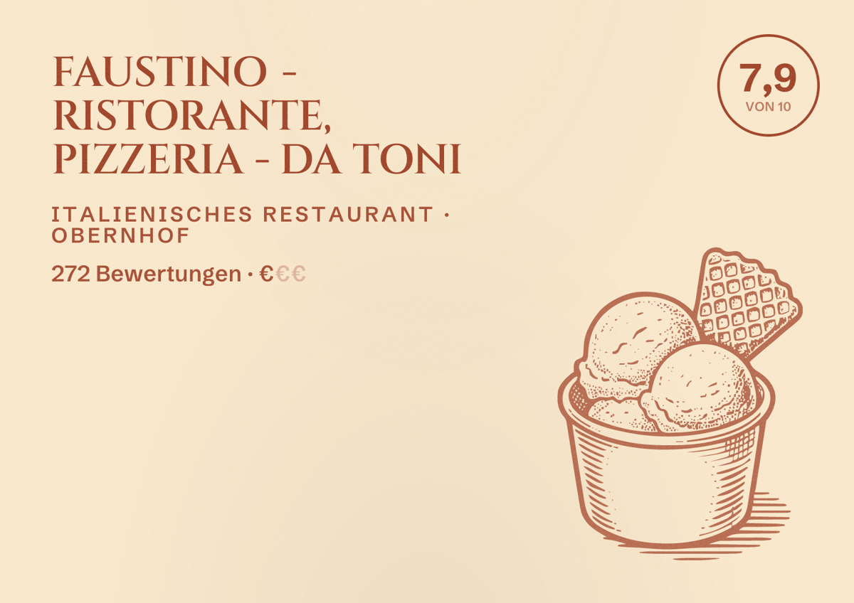 Illustriertes Poster von FAUSTINO - RISTORANTE, PIZZERIA - DA TONI, Italienisches Restaurant in Obernhof: Bewertung 7,9 von 10 aus 272 Bewertungen, Preisniveau €