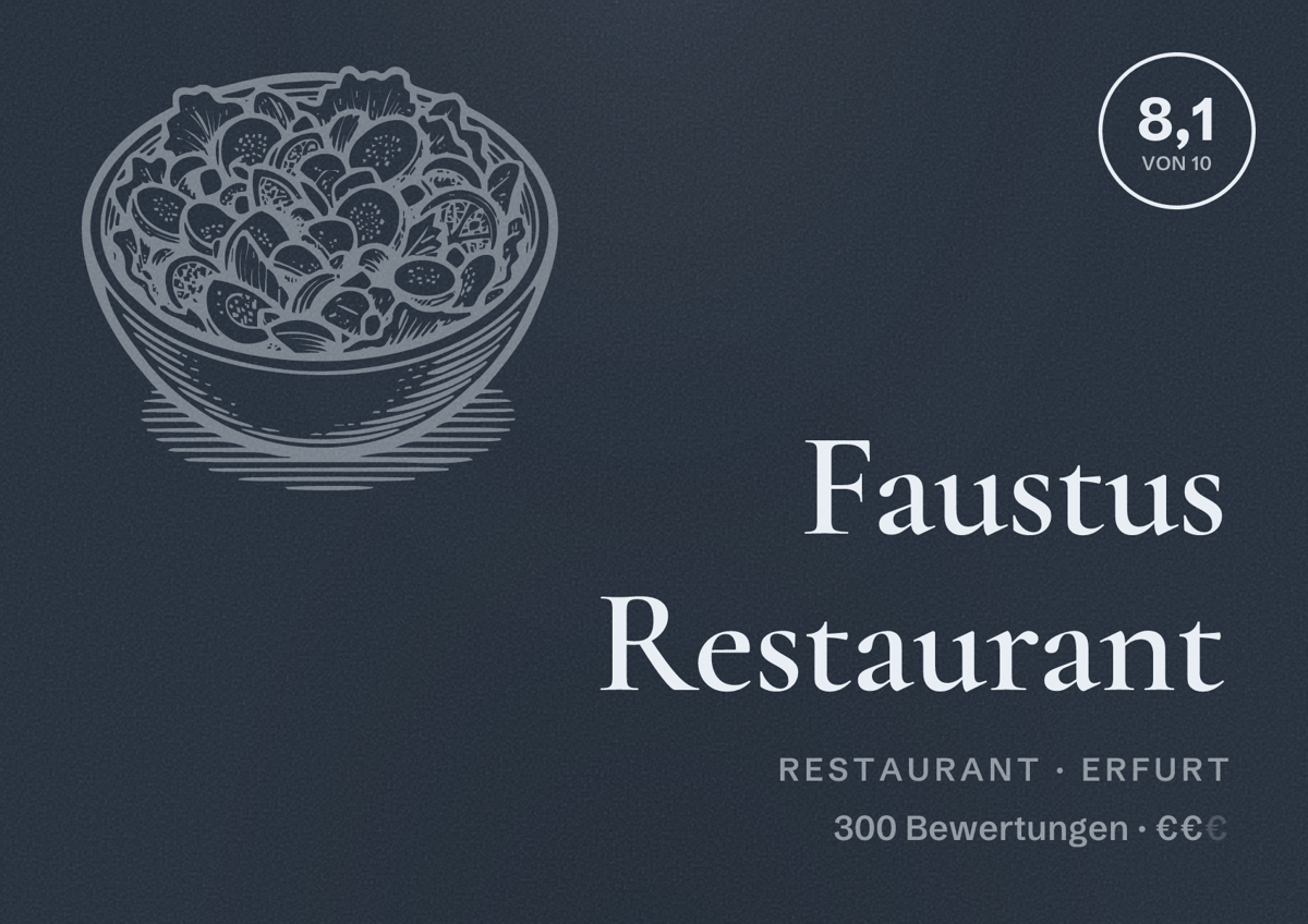 Illustriertes Poster von Faustus Restaurant, Restaurant in Erfurt: Bewertung 8,1 von 10 aus 300 Bewertungen, Preisniveau €€