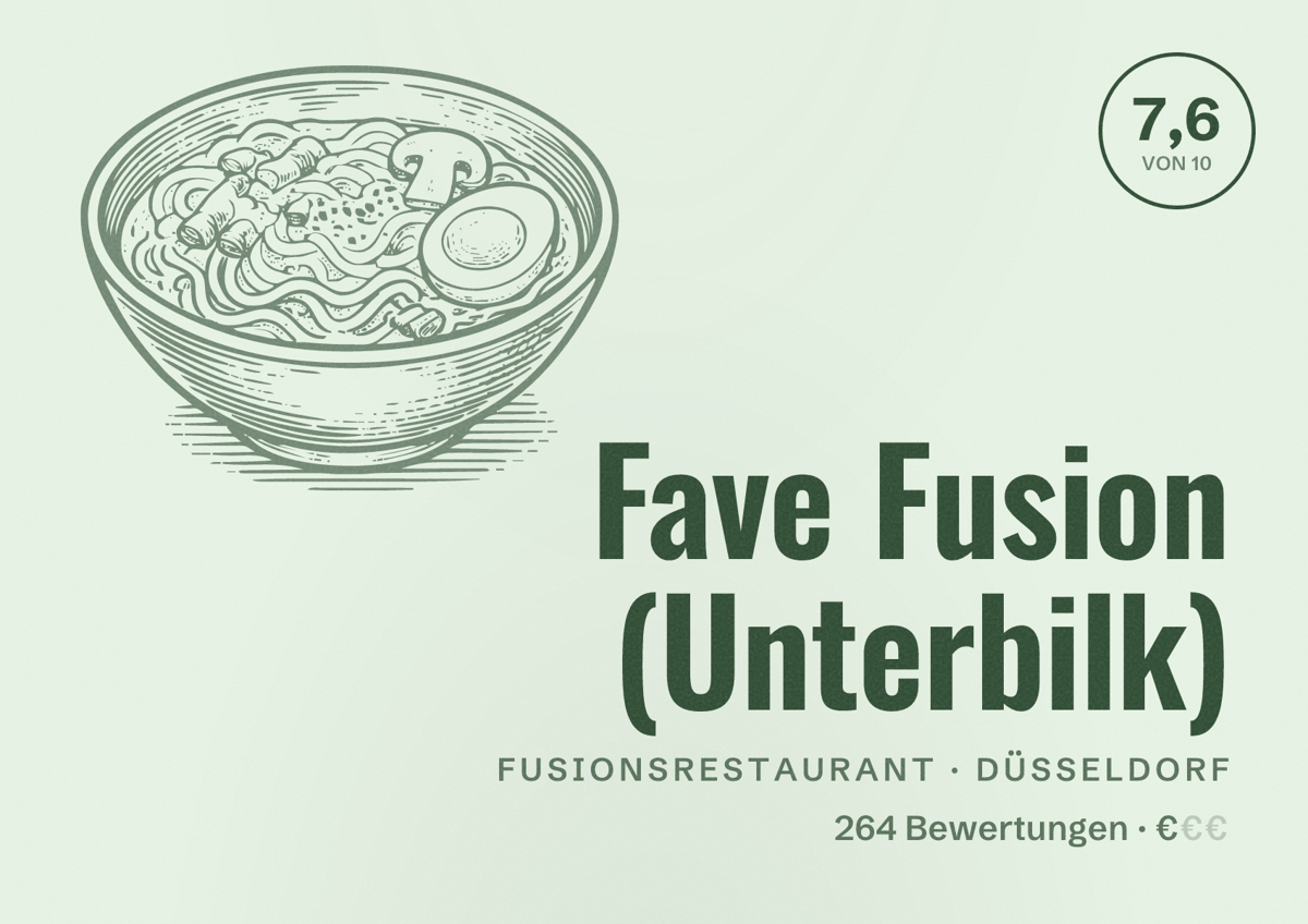 Illustriertes Poster von Fave Fusion (Unterbilk), Fusionsrestaurant in Düsseldorf: Bewertung 7,6 von 10 aus 264 Bewertungen, Preisniveau €