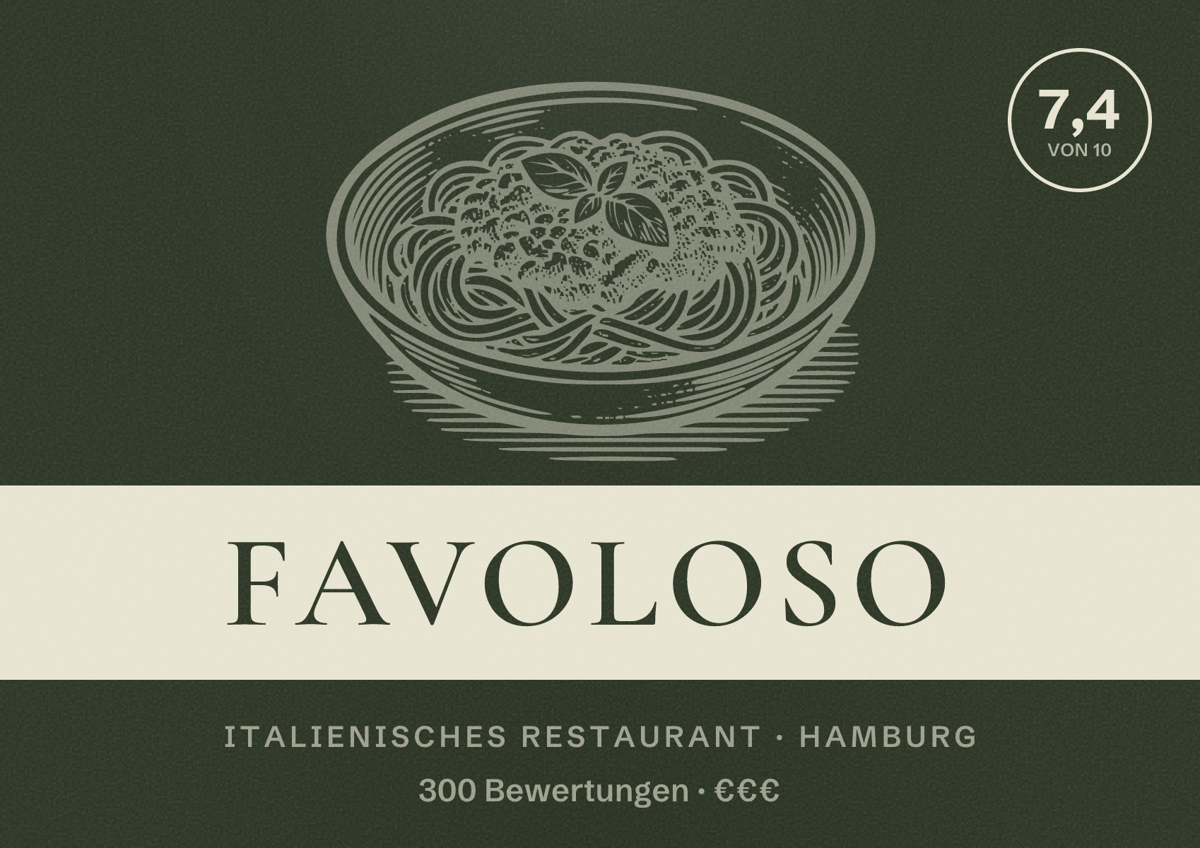 Illustriertes Poster von Favoloso, Italienisches Restaurant in Hamburg: Bewertung 7,4 von 10 aus 300 Bewertungen, Preisniveau €€€