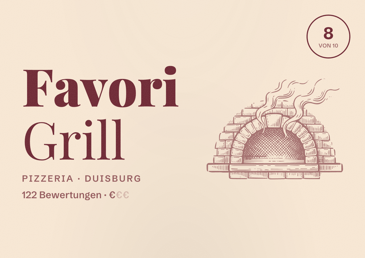Illustriertes Poster von Favori Grill, Pizzeria in Duisburg: Bewertung 8 von 10 aus 122 Bewertungen, Preisniveau €