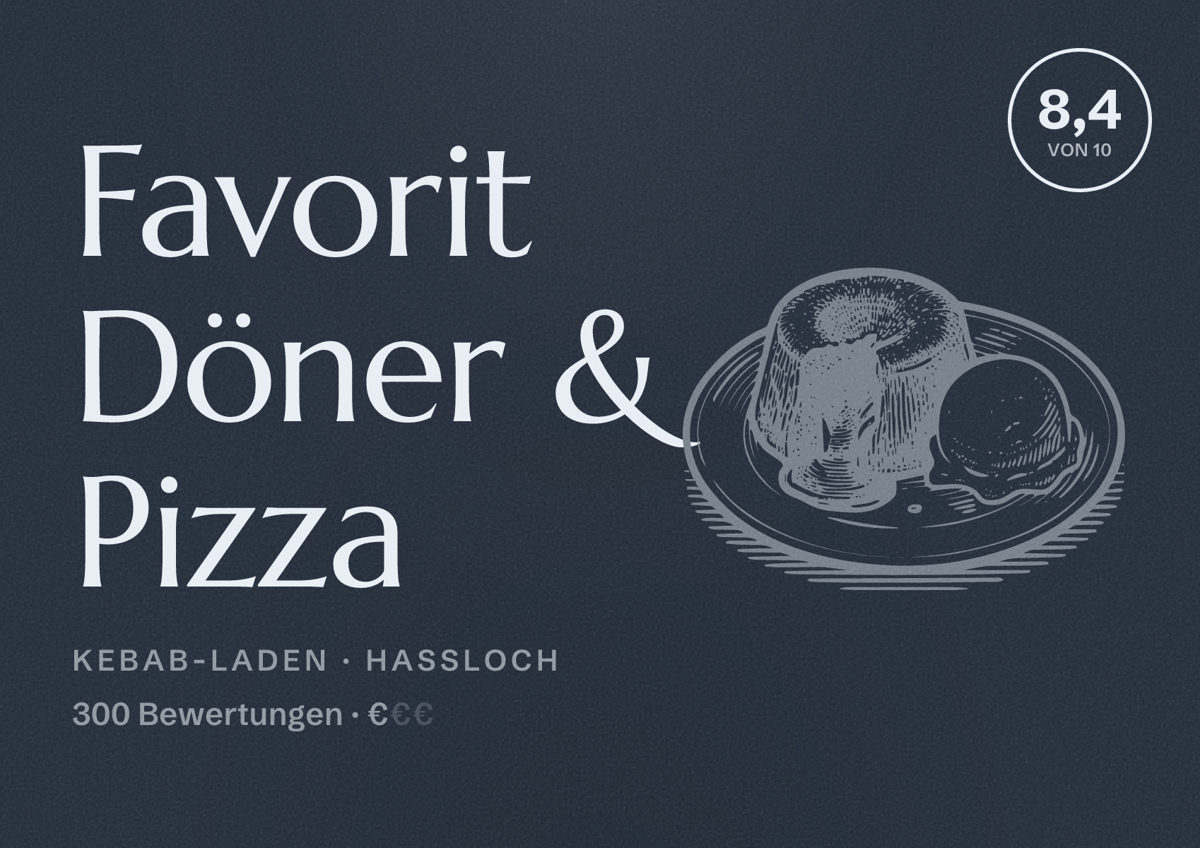 Illustriertes Poster von Favorit Döner & Pizza, Kebab-Laden in Haßloch: Bewertung 8,4 von 10 aus 300 Bewertungen, Preisniveau €